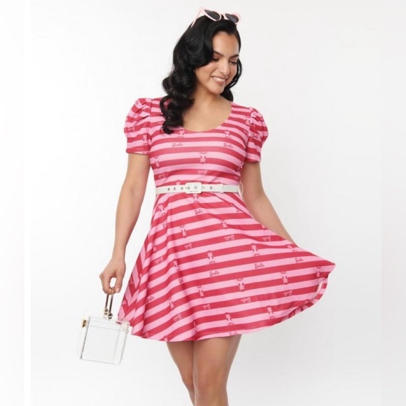 Barbie Dresses & Skirts - BARBIE X Unique VINTAGE Collab Pink Striped Flare Flirty Stretch Mini Dress